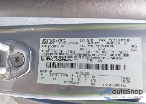 2022 Ford Escape Sel Plug-In Hybrid из США, поврежденный, VIN 1FMCU0KZ6NUA97021